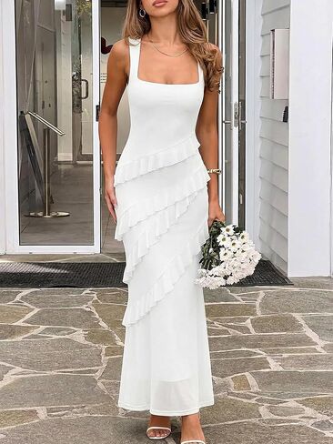 HOCILLE Women's Sexy Square Neck Elegant Bodycon Sleeveless Ruffle Maxi Dresses Cocktail Party Dress in Saudi Arabia
