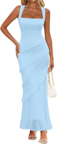 HOCILLE Women's Sexy Square Neck Elegant Bodycon Sleeveless Ruffle Maxi Dresses Cocktail Party Dress in Saudi Arabia