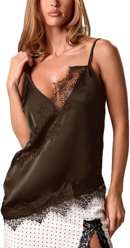 Women Stain Lace Long Cami Top Y2K Silk Lace Trim Asymmetrical Side Split High Low Slip Dress Ging Out Streetwear in Kuwait