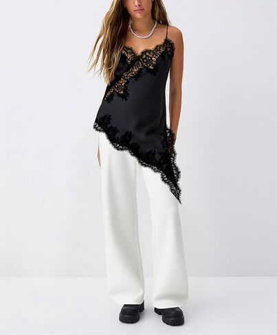 Women Stain Lace Long Cami Top Y2K Silk Lace Trim Asymmetrical Side Split High Low Slip Dress Ging Out Streetwear in Saudi Arabia