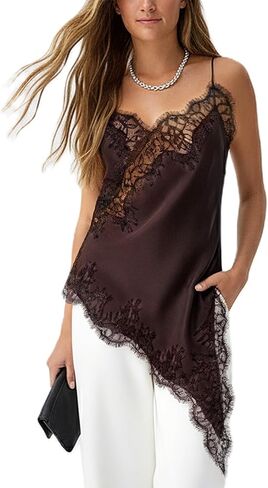 Women Stain Lace Long Cami Top Y2K Silk Lace Trim Asymmetrical Side Split High Low Slip Dress Ging Out Streetwear in Saudi Arabia