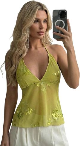 Women's Y2k Sequin Chiffon Halter Top Glitter Tie Backless Deep V Neck Sheer Flowy Party Rave Tops in Saudi Arabia