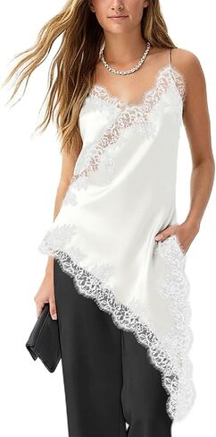 Women Stain Lace Long Cami Top Y2K Silk Lace Trim Asymmetrical Side Split High Low Slip Dress Ging Out Streetwear in Saudi Arabia