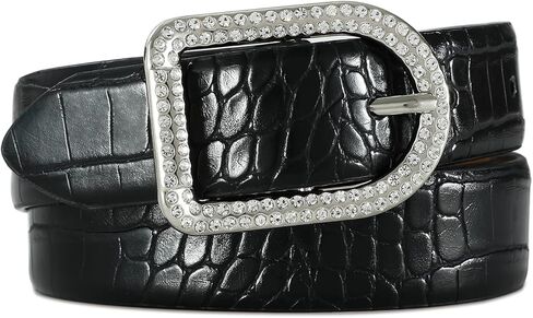 Women's Black Belts with Rhinestone Buckle Crocodile Fashion Leather Belts for Jeans Dresses in Kuwait