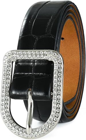 Women's Black Belts with Rhinestone Buckle Crocodile Fashion Leather Belts for Jeans Dresses in Kuwait