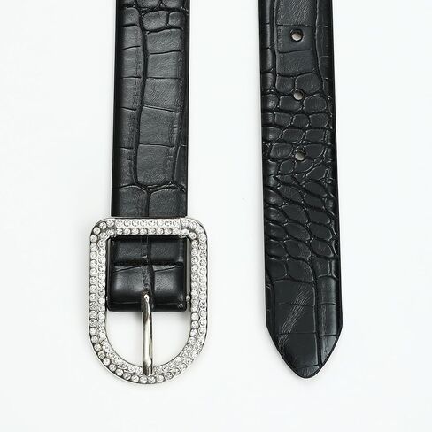 Women's Black Belts with Rhinestone Buckle Crocodile Fashion Leather Belts for Jeans Dresses in Kuwait