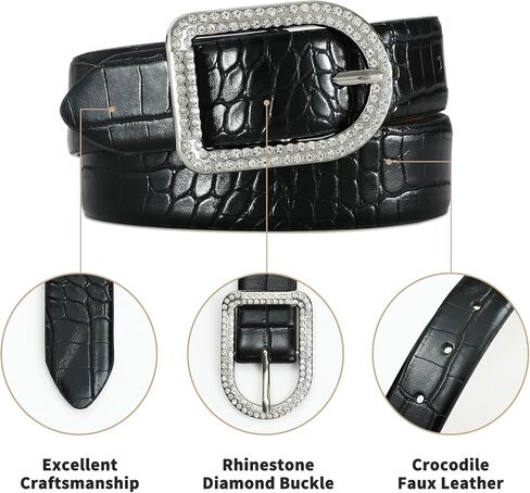 Women's Black Belts with Rhinestone Buckle Crocodile Fashion Leather Belts for Jeans Dresses in Kuwait