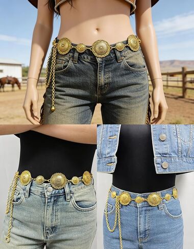 Western Concho Chain Belts for Women Adjustable Boho Metal Cowgirl Waist Belt for Dresses, Jeans, Country Concerts in Kuwait