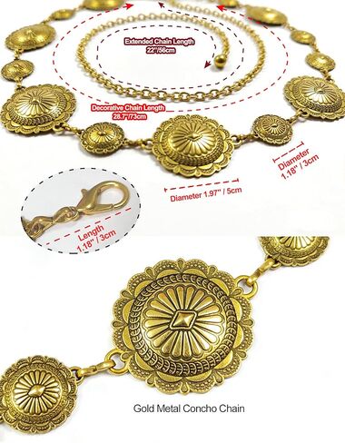 Western Concho Chain Belts for Women Adjustable Boho Metal Cowgirl Waist Belt for Dresses, Jeans, Country Concerts in Kuwait