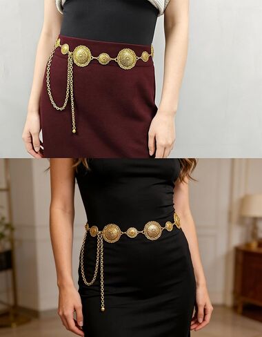 Western Concho Chain Belts for Women Adjustable Boho Metal Cowgirl Waist Belt for Dresses, Jeans, Country Concerts in Kuwait