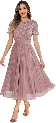 Women's Tea Length Mother of The Bride Dresses with Sleeves Lace Appliques Chiffon Formal Wedding Guest Gowns in Kuwait