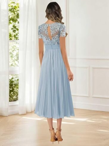 Women's Tea Length Mother of The Bride Dresses with Sleeves Lace Appliques Chiffon Formal Wedding Guest Gowns in Saudi Arabia