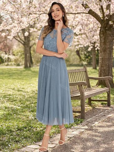 Women's Tea Length Mother of The Bride Dresses with Sleeves Lace Appliques Chiffon Formal Wedding Guest Gowns in Saudi Arabia