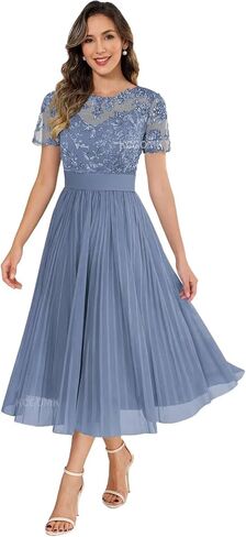 Women's Tea Length Mother of The Bride Dresses with Sleeves Lace Appliques Chiffon Formal Wedding Guest Gowns in Saudi Arabia