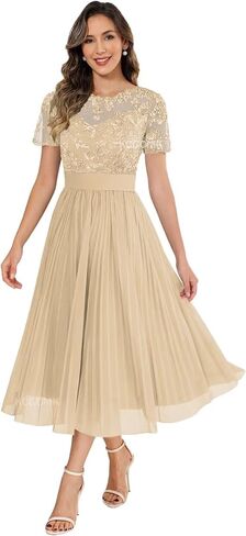 Women's Tea Length Mother of The Bride Dresses with Sleeves Lace Appliques Chiffon Formal Wedding Guest Gowns in Saudi Arabia