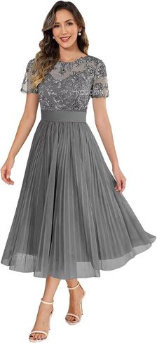 Women's Tea Length Mother of The Bride Dresses with Sleeves Lace Appliques Chiffon Formal Wedding Guest Gowns in Saudi Arabia
