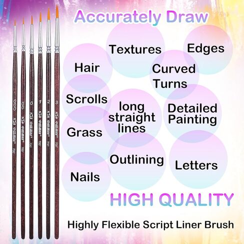 6 Pcs Rigger Brush Watercolor, Liner Brushes for Painting Extra Long Script Liner Brush Highly Flexible Fine Tip Paint Brushes for Acrylic Watercolor Oil Gouache in Saudi Arabia