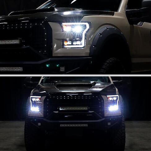 Ronnin - يناسب 2015-2017 Ford F150 Full LED Beam Quad Projector Headlights الرسوم المتحركة لبدء التشغيل عن بعد، كهرمان/أبيض DRL Switchback Seq. إشارات الانعطاف مع زوج تجميع أنماط الإضاءة | أسود in Saudi Arabia