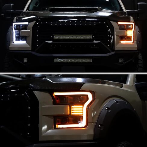 Ronnin - يناسب 2015-2017 Ford F150 Full LED Beam Quad Projector Headlights الرسوم المتحركة لبدء التشغيل عن بعد، كهرمان/أبيض DRL Switchback Seq. إشارات الانعطاف مع زوج تجميع أنماط الإضاءة | أسود in Saudi Arabia