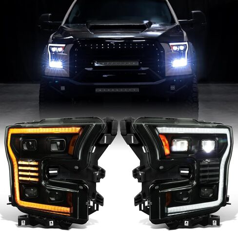 Ronnin - يناسب 2015-2017 Ford F150 Full LED Beam Quad Projector Headlights الرسوم المتحركة لبدء التشغيل عن بعد، كهرمان/أبيض DRL Switchback Seq. إشارات الانعطاف مع زوج تجميع أنماط الإضاءة | أسود in Saudi Arabia