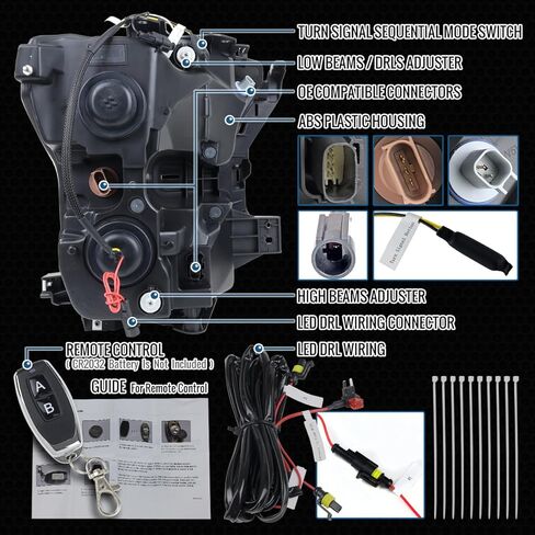 Ronnin - يناسب 2015-2017 Ford F150 Full LED Beam Quad Projector Headlights الرسوم المتحركة لبدء التشغيل عن بعد، كهرمان/أبيض DRL Switchback Seq. إشارات الانعطاف مع زوج تجميع أنماط الإضاءة | أسود in Saudi Arabia