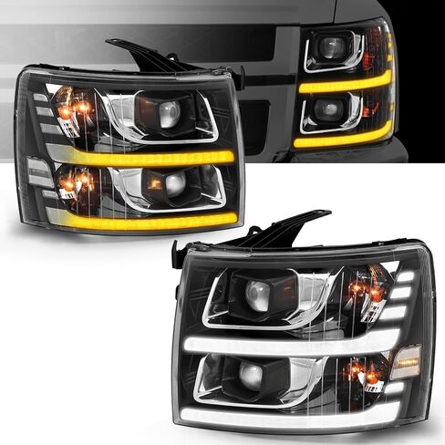 ELH LED Projector Sequential LED DRL Headlight Assembly Fit For 2007-2013 Chevy Silverado 1500 / 2500HD / 3500HD & 2014 Old Body Style((Black Housing Clear Relfector, LED Projector) in Kuwait