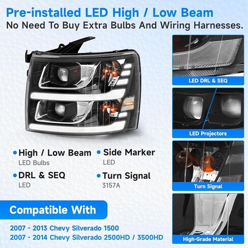 ELH LED Projector Sequential LED DRL Headlight Assembly Fit For 2007-2013 Chevy Silverado 1500 / 2500HD / 3500HD & 2014 Old Body Style((Black Housing Clear Relfector, LED Projector) in Saudi Arabia