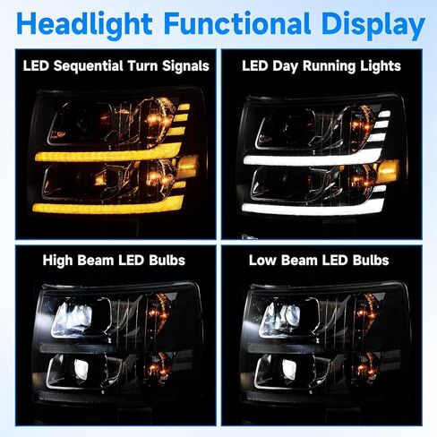 ELH LED Projector Sequential LED DRL Headlight Assembly Fit For 2007-2013 Chevy Silverado 1500 / 2500HD / 3500HD & 2014 Old Body Style((Black Housing Clear Relfector, LED Projector) in Saudi Arabia