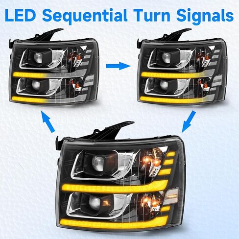 ELH LED Projector Sequential LED DRL Headlight Assembly Fit For 2007-2013 Chevy Silverado 1500 / 2500HD / 3500HD & 2014 Old Body Style((Black Housing Clear Relfector, LED Projector) in Saudi Arabia