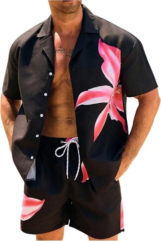 Verdusa Men's 2 Piece Floral Outfits Hawaiian Button Up Collared Shirts and Shorts with Pockets Vacation Outfits in Saudi Arabia