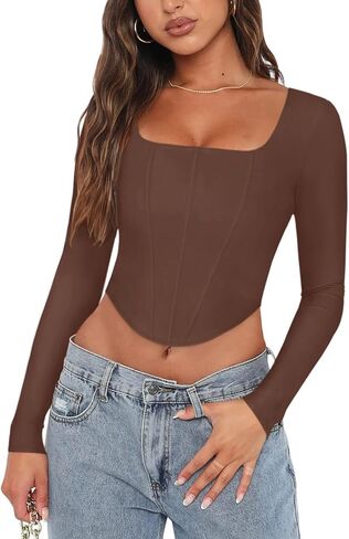REORIA Womens Trendy Sexy Square Neck Long Sleeve Backless Y2K Going Out Boned Bustier Corset Crop Tops in Kuwait
