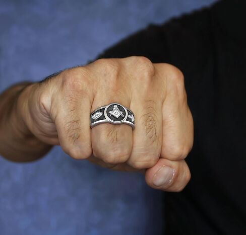 خاتم ماسوني من الفضة الإسترليني 0.925 بلمسة نهائية عتيقة للرجال من US Jewels، مقاسات من 8 إلى 13 in Saudi Arabia
