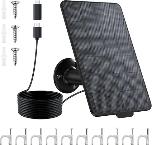 3W Solar Panel for Battery-Powered Security Cameras,USB-C & Micro USB Solar Charger for Wireless Outdoor Cameras,IP65 Waterproof, 9.8ft Cable, 360° Adjustable Mount (Black, 1 Pack) in Kuwait