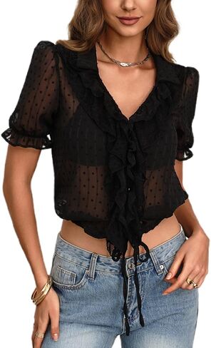 Womens V Neck Lace Ruffle Short Sleeve Tie Crop Tops Sheer Chiffon Blouses Dressy Casual Button Down Shirts in Kuwait