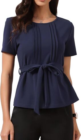 بلوزة Allegra K Dressy كاجوال بيبلوم للنساء صيفية ذات ثنيات ورقبة دائرية وحزام وأكمام قصيرة للعمل in Kuwait