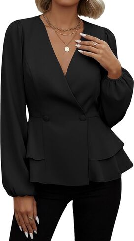 Women's Wrap V Neck Peplum Dressy Blouses Fall Puff Sleeve Button Front Elegant Business Work Tops in Saudi Arabia