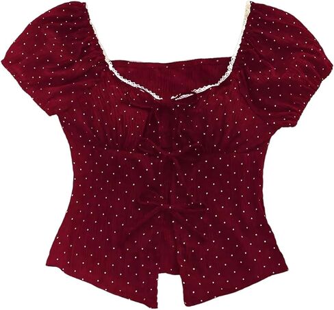 SweatyRocks Women's Tie Front Puff Sleeve Blouse Polka Dots Lace Trim Sweetheart Neck Shirt Tops in Saudi Arabia
