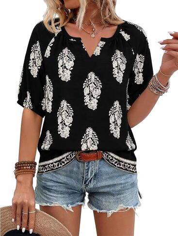 قمصان نسائية صيفية من Ninedaily ملابس بوهو بأكمام قصيرة ورقبة على شكل حرف V، بلوزات كاجوال منقوشة بالزهور ملابس العطلات in Kuwait
