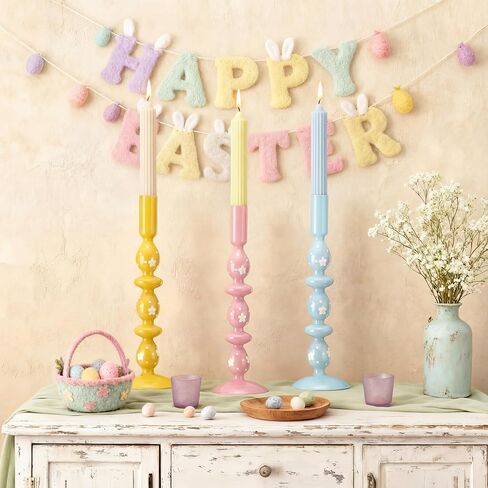 3 Pcs Pastel Easter Glass Candle Holders Set Spring Daisy Egg Taper Candlestick Holders for Spring Easter Home Table Centerpieces Fireplace Mantle Dining Decorations Holiday Office Home Gift in Kuwait