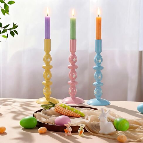 3 Pcs Pastel Easter Glass Candle Holders Set Spring Daisy Egg Taper Candlestick Holders for Spring Easter Home Table Centerpieces Fireplace Mantle Dining Decorations Holiday Office Home Gift in Kuwait
