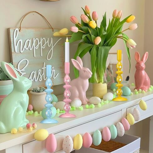 3 Pcs Pastel Easter Glass Candle Holders Set Spring Daisy Egg Taper Candlestick Holders for Spring Easter Home Table Centerpieces Fireplace Mantle Dining Decorations Holiday Office Home Gift in Kuwait