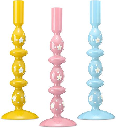3 Pcs Pastel Easter Glass Candle Holders Set Spring Daisy Egg Taper Candlestick Holders for Spring Easter Home Table Centerpieces Fireplace Mantle Dining Decorations Holiday Office Home Gift in Kuwait