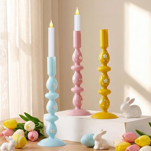 3 Pcs Pastel Easter Glass Candle Holders Set Spring Daisy Egg Taper Candlestick Holders for Spring Easter Home Table Centerpieces Fireplace Mantle Dining Decorations Holiday Office Home Gift in Kuwait