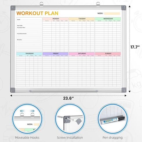 Fitness Tracker Magnetic Whiteboard Workout Plan Dry Erase Board for Wall 24'' x 18'',Hanging Mounted Weekly Fitness Tracker Gym Exercise Tracker Schedules and Checklists in Kuwait