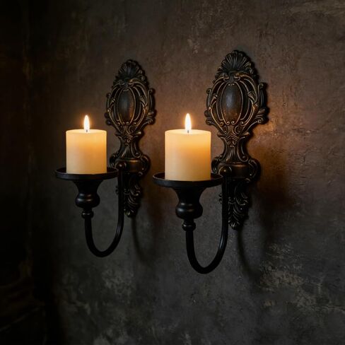 YOLLZEY Candle Holder Wall Sconces Set of 2 - Gothic Vintage Black Wrought Iron, Medieval Victorian Wall Decorations for Candles, Living Room Bathroom Entryway Halloween Rustic Home in Saudi Arabia