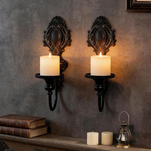 YOLLZEY Candle Holder Wall Sconces Set of 2 - Gothic Vintage Black Wrought Iron, Medieval Victorian Wall Decorations for Candles, Living Room Bathroom Entryway Halloween Rustic Home in Saudi Arabia