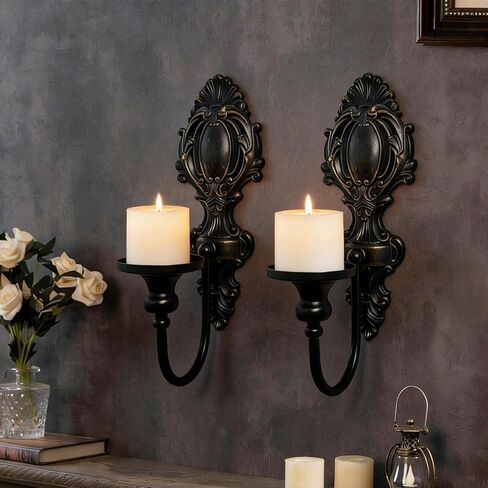 YOLLZEY Candle Holder Wall Sconces Set of 2 - Gothic Vintage Black Wrought Iron, Medieval Victorian Wall Decorations for Candles, Living Room Bathroom Entryway Halloween Rustic Home in Saudi Arabia