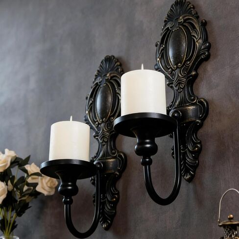 YOLLZEY Candle Holder Wall Sconces Set of 2 - Gothic Vintage Black Wrought Iron, Medieval Victorian Wall Decorations for Candles, Living Room Bathroom Entryway Halloween Rustic Home in Saudi Arabia