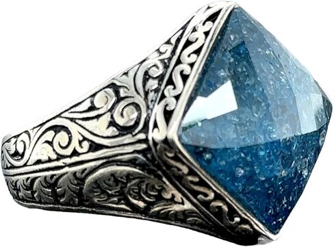 Men's Natural Sapphire Stone Ring, Engraved Square Ring, Turkısh Handmade Ring, Ottoman Style Ring, 925k Sterling Silver Ring in Kuwait
