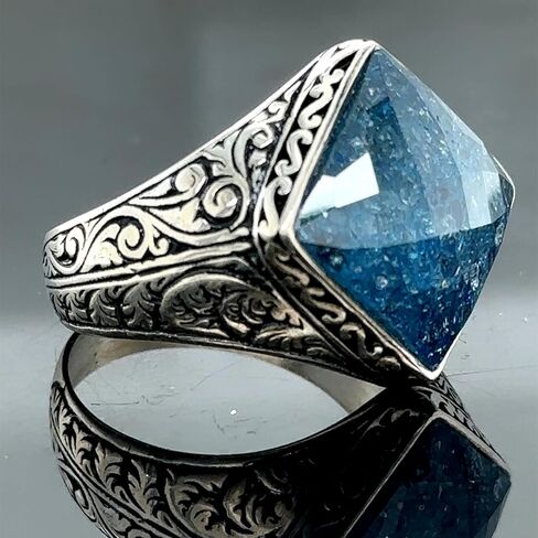 Men's Natural Sapphire Stone Ring, Engraved Square Ring, Turkısh Handmade Ring, Ottoman Style Ring, 925k Sterling Silver Ring in Kuwait